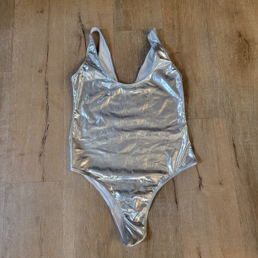 Silver Metallic One Piece Swimsuit Size Large